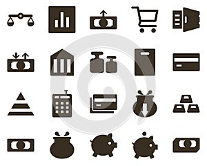 Money and finance icon set, bills, cash, money, dollar. Investment, banking, money and finance icons