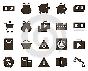 Money and finance icon set, misbalance, justice, scale. Investment, banking, money and finance icons