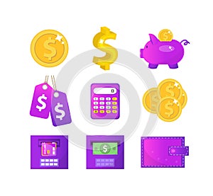 Money and Finance icons, modern flat style. Finance icons collection isolated on white background. Money set for Web and