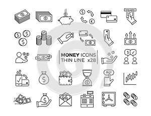 Money and Finance icons. Vector thin line pictograms of different economy subjects - savings, salary, payments, transactions.