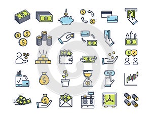 Money and Finance icons. Vector thin outline pictograms with flat color related with payment, finances and economy