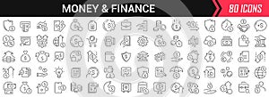 Money and finance linear icons in black. Big UI icons collection in a flat design. Thin outline signs pack. Big set of icons for