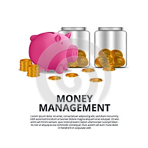 Money finance management diversification concept with pink piggy bank and glass bottle with golden coin