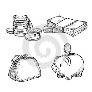 Money and finance sketch set. Stack of coins, wad of cash, vintage wallet and piggy bank with coin. Hand drawn vector illustration