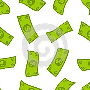 Money flow seamless pattern. Falling dollars background. Cash flying rain.