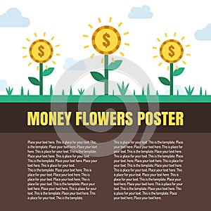 Money flowers (coins) vector illustration with place for your text. Modern flat minimalistic style.