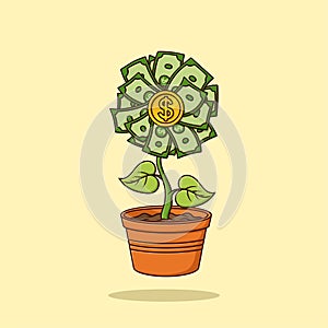 Money flowers grow in pots Cartoon Vector Illustration