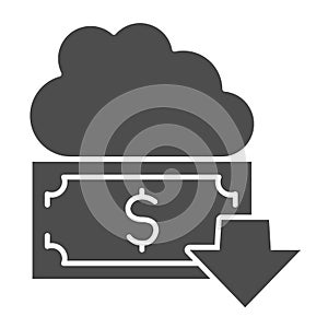 Money fund solid icon. Cloud, dollar with down arrow, withdraw all funds symbol, glyph style pictogram on white
