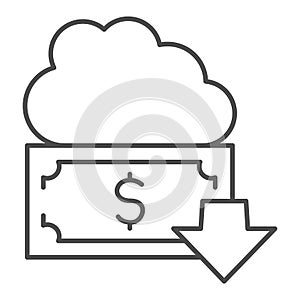 Money fund thin line icon. Cloud, dollar with down arrow, withdraw all funds symbol, outline style pictogram on white