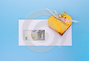 Money and gift box for holiday event present, retirement bonus or success at work revenue