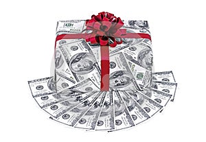 Money gift box with red ribbon and stack of dollars