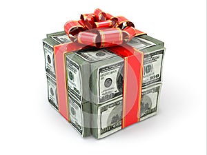 Money gift. Pack of dollars and red ribbon.