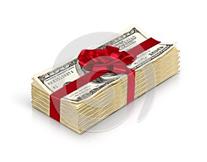 Money gift, stack of cash with red bow isolated on white backgro