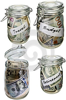 Money in the glass jar as savings isolated objects set