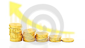 Money gold coin icon  graph  and up arrow, business growth concept stack step growing growth saving money  on white background.