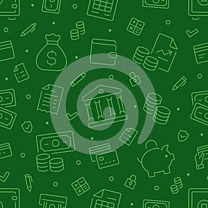 Money green seamless pattern. Vector on green background included line icons as piggy bank, wallet, credit card