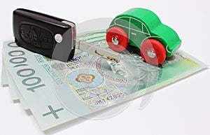 Money, green toy car and key vehicle. White background