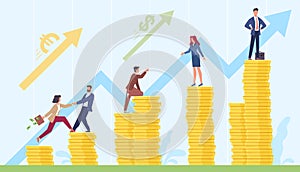 Money growing chart. Progress increase. Stacks of coins and business people steps. Assistance in business development. Growth of