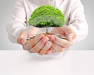 Money growing from coins in hand