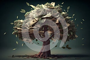 Money growing on tree concept. Money tree or cash tree with dollars on nature background. Financial concept.