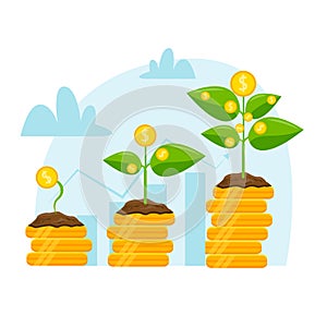 Money growth illustration, gold coins on a white background.