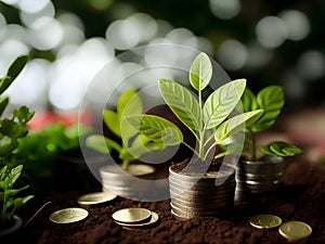 Money growth in soil and tree concept, business success finance