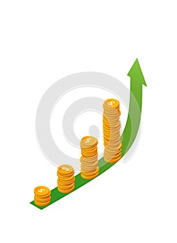 Money growth vector concept. Isometric stacks of coins on green arrow up.Isolated golden dollar chips
