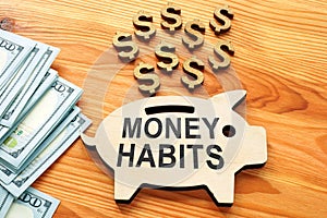 Money habits sign on the wooden piggy bank.