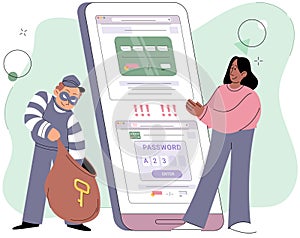 Money hacking concept. Thief stealing money and information from smartphone of confused woman