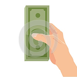 Money on hand, bill, bank note. Businessman giving a cache. Vector illustration in carton style isolated
