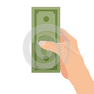 Money on hand, bill, bank note. Businessman giving a cache. Vector illustration in carton style isolated