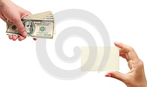 Money in hand, business card