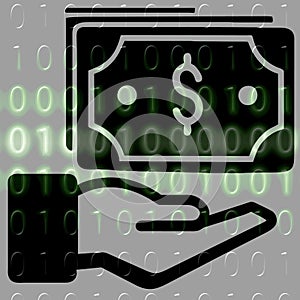 Money in hand icon on the background of the binary code.