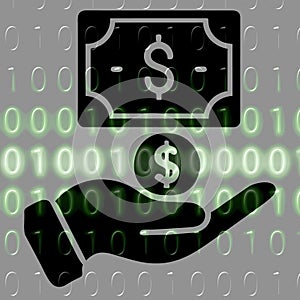 Money in hand icon on the background of the binary code.