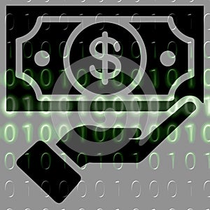Money in hand icon on the background of the binary code.