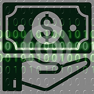 Money in hand icon on the background of the binary code.