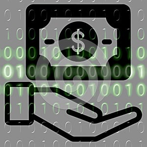 Money in hand icon on the background of the binary code.