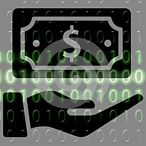 Money in hand icon on the background of the binary code.