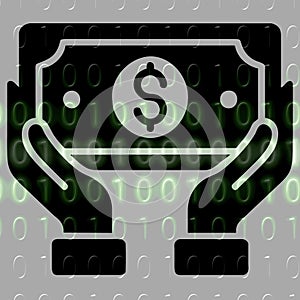 Money in hand icon on the background of the binary code.