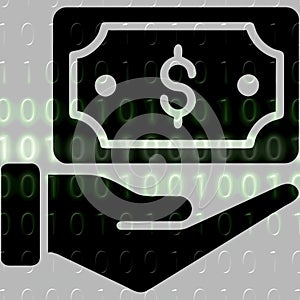 Money in hand icon on the background of the binary code.