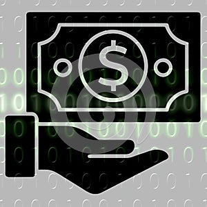 Money in hand icon on the background of the binary code.