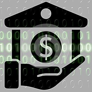 Money in hand icon on the background of the binary code.
