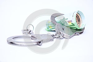 Money and handcuffs. Concept for corruption, fraud, money laundry, crime