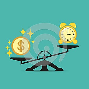 Money is harder than time on the scales. Balance money and time on a scale. Business concept. Vector illustration.