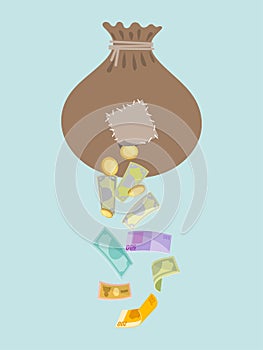 Money holey bag, thief stolen cash gold coin and dollars isolated on blue, flat vector illustration. Insure money photo