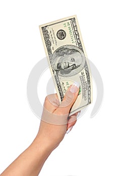 Money. hundred dollars bill in hand isolated on white