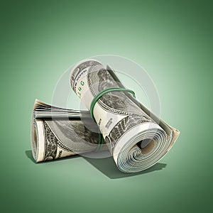 Money hundred dollars bill rol colection 3d render on green