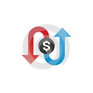 Money icon with arrows, capital decrease and increase, dollar rate increase, investment concept. Stock Vector illustration
