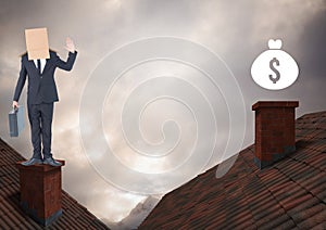 Money icon and Businessman standing on Roofs with chimney and cardboard box on his head and dramatic