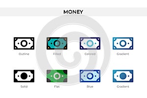 Money icon in different style. Money vector icons designed in outline, solid, colored, filled, gradient, and flat style. Symbol,